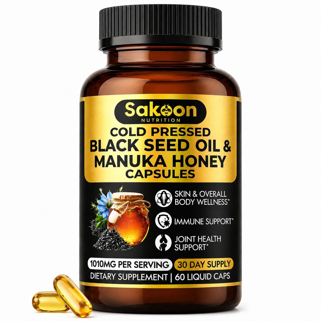 Black Seed Oil Capsules - Met Nieuw-Zeeland Manuka Honey, Cold Pressed Turkse Nigella Sativa Oil, 2% Thymochinon, Immune & Digestieve Ondersteuning, Made in USA, 60 Telling, 1010mg per portie