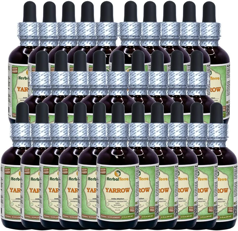 Yarrow (Achillea Millefolium) Glycérite, Fleurs séchées organiques Extrait liquide sans alcool (Marque: HerbalTerra, Fièrement fabriqué aux États-Unis) 30x2 fl.oz (30x60 ml)