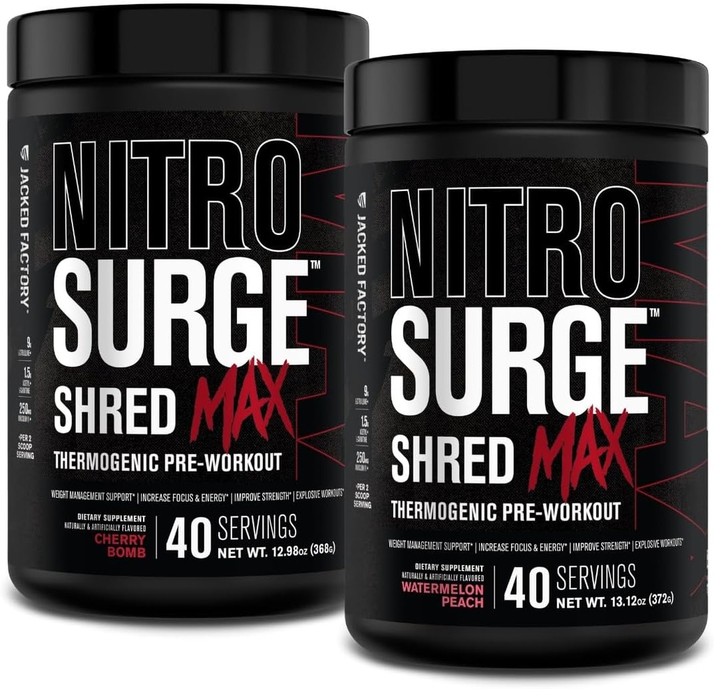 Usine Jacked Nitrosurge Shred Max Pré-entraînement - Poudre de pré-entraînement thermogénique haute performance avec L Citrulline, acétyl L Carnitine, caféine biologique - 80 portions, cerise Bomb & pastèque pêche