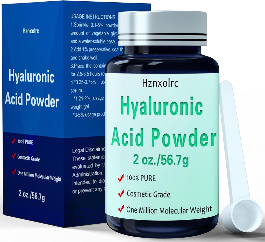 2 oz poudre d'acide hyaluronique, 56,7 grammes, poids moléculaire élevé, 100% pur, poudre d'acide hyaluronique premium pour soins de la peau, végétalien, soluble dans l'eau