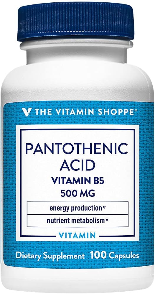 L'acide pantothénique 500MG de Vitamine Shoppe, avec vitamine B5, soutient la production d'énergie et les cheveux, la peau, les ongles, une fois par jour (100 capsules)