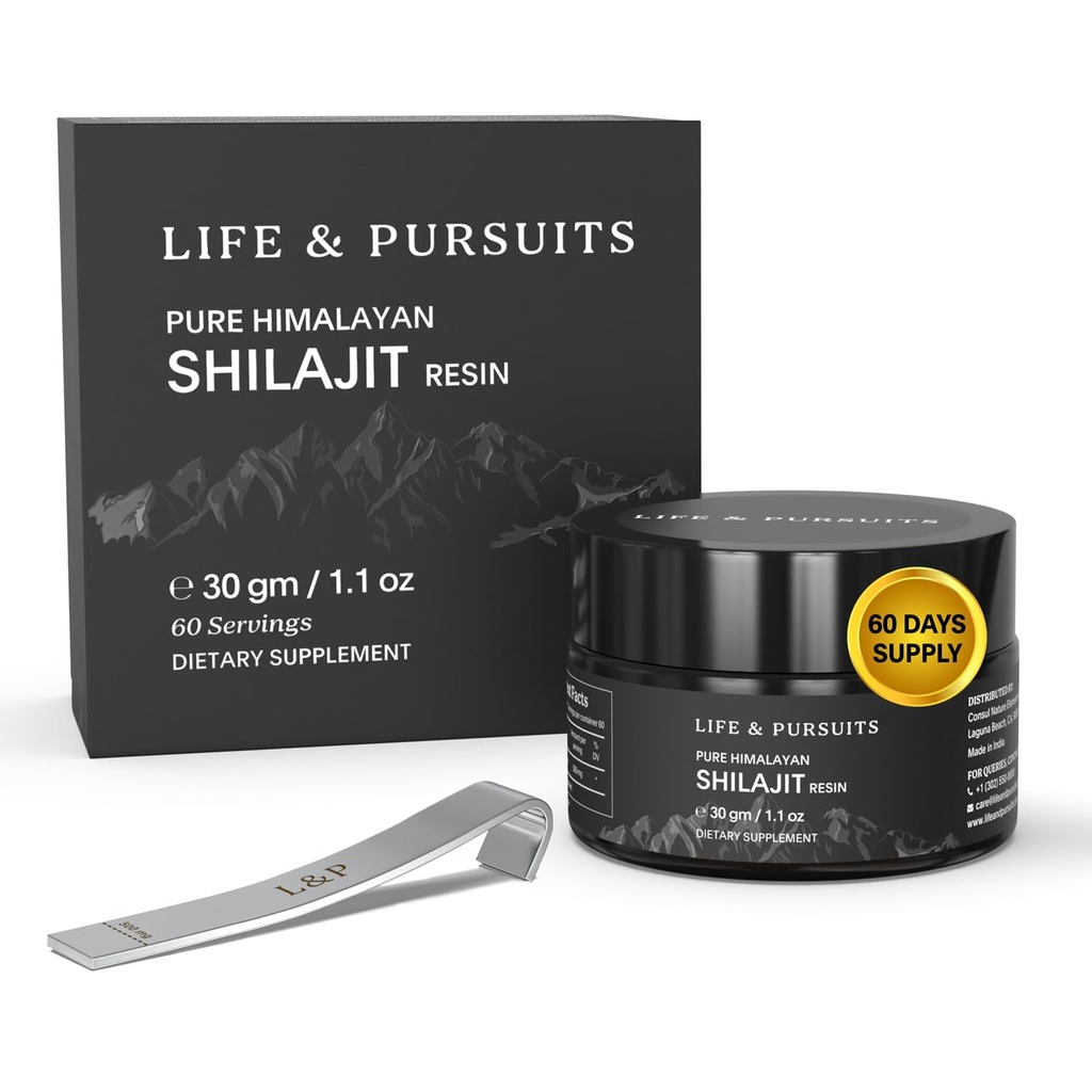 Life & Pursuits 100% Pure Real India Himalaya Shilajit Resin, 1.1 oz 500mg, Minimaal 75% Fulvinezuur, 85+ Trace Minerals, Dieetsupplement voor mannen 3rd Party Lab Test Report, 60 Servings (pakket van 1)