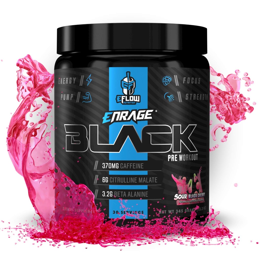 eFlow Nutrition Enrage Black High Stimulant Pre Workout Supplement - Preworkout Powder to Boost Energy, Pumps and Strength - 4 Flavors (30 Servings) (Sour Black Cherry)