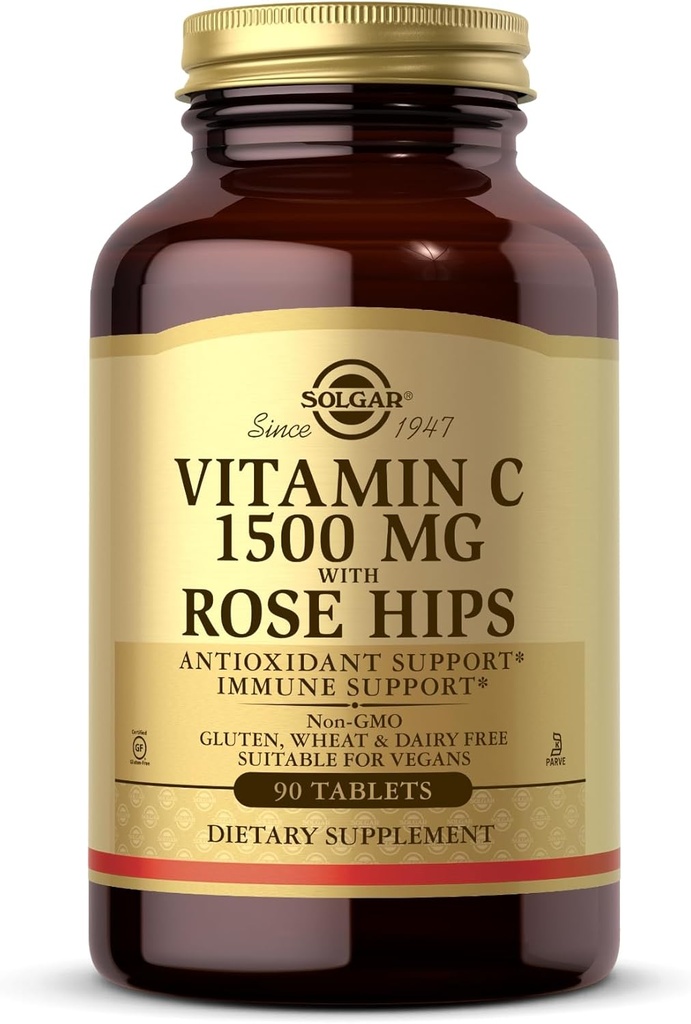 Solgar Vitamine C 1500 mg met Rose HIPS, 90 tabletten - Antioxidant & Immuun Support - Algehele gezondheid - Ondersteunt gezonde huid en gewrichten - Niet-GMO, Veganistisch, Glutenvrij, Zuivelvrij, Kosher - 90 porties