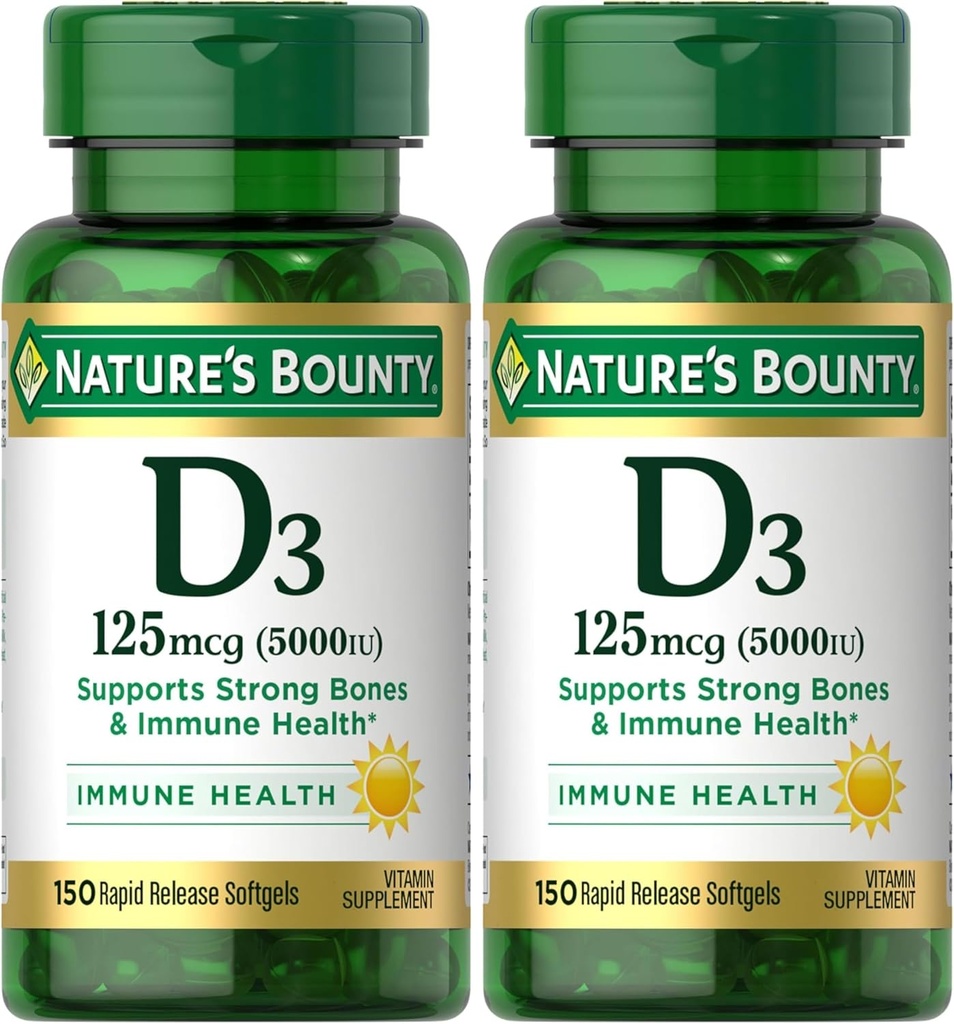 Nature's Bounty Vitamine D3, Immune and Bone Support, 5000IE, Rapid Release Softgels, 150 Ct (Pack of 2)