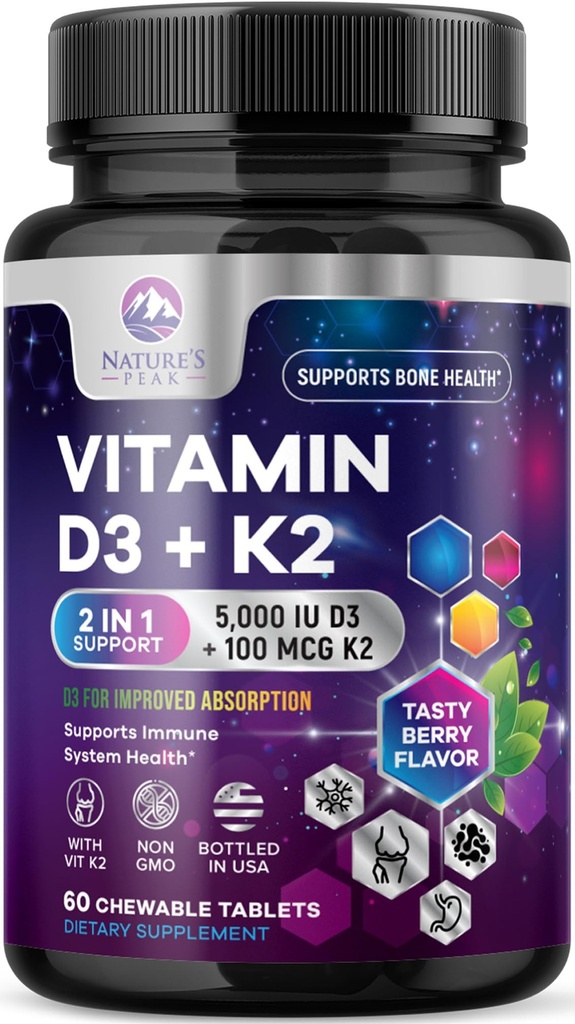 Vitamin D3 K2 - 5000 iu Vitamin D3 & 100 mcg Vitamin K2 (MK-7) per Serving - Calcium Absorption, Bone & Heart Health Support - Berry Chewable, Gluten Free, Non-GMO, Bottled in USA - 60 Tablets