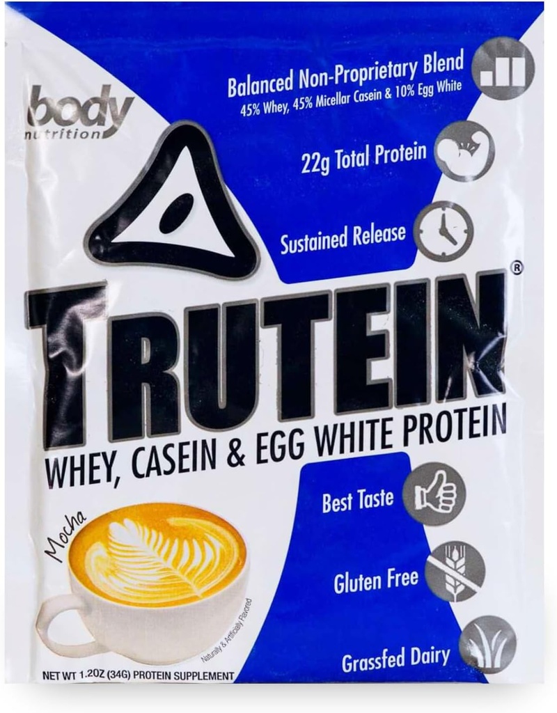 Body Nutrition Trutein Hoog Proteïnepoeder: 45% Wei, 45% Caseïne, 10% Egg White, Glutenvrij, Laag Natrium, Gras Fed Wei Proteïne Poeder, Gym Supplement & Breakfast Shake, Mocha, 34g Monster