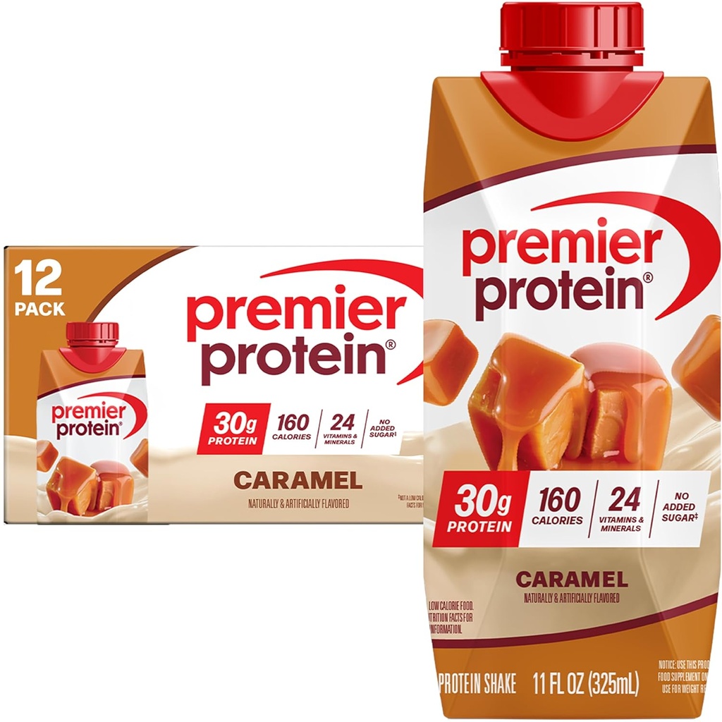 Premier Protein Shake, Caramel, 30g Protein, 11 fl oz, Pack of 12 (Packaging May Vary)