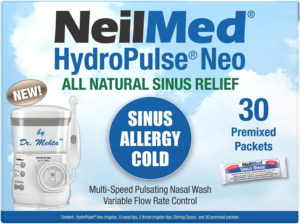 NeilMed HydroPulse Neo. Multi-Speed Electric Pulsating Nasal Sinus Irrigation System met 30 Sinus Rinse Premixed Packets.