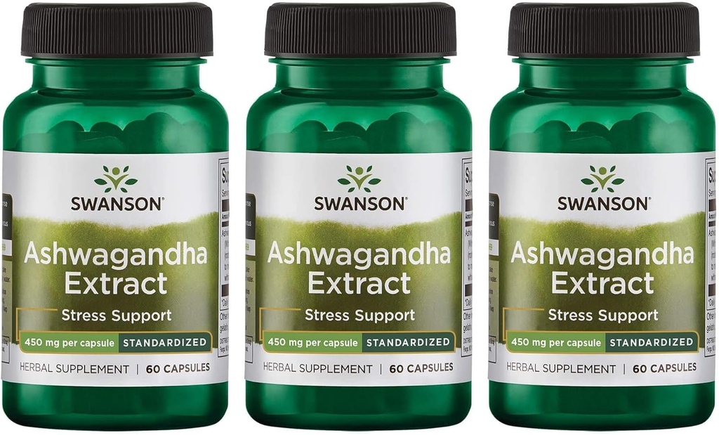 Swanson Ashwagandha Extrait-Supplément naturel Promouvoir une réponse au stress sain, le soutien énergétique et le système nerveux Supplément santé-ayurvédique pour le bien-être naturel-(60 Capsules, 450mg Chaque) (3 Pack)