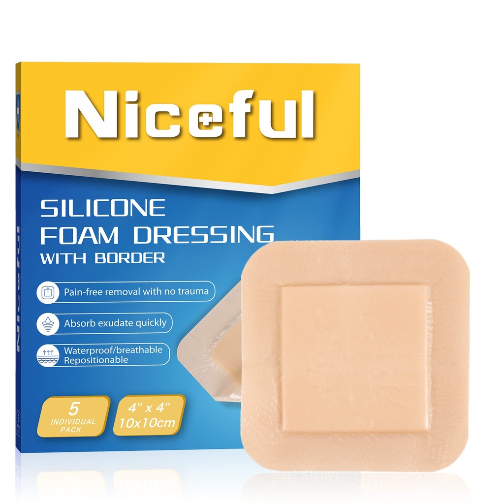 Silicone Foam Dressing 4"x4", Waterproof Siliconen Bandages met Border Kleefstof, Hoge Absorbency Bed Sore Bandages Wound Care Dressing (2.5"X2.5" Pad), 5 Packs, FSA HSA in aanmerking komende