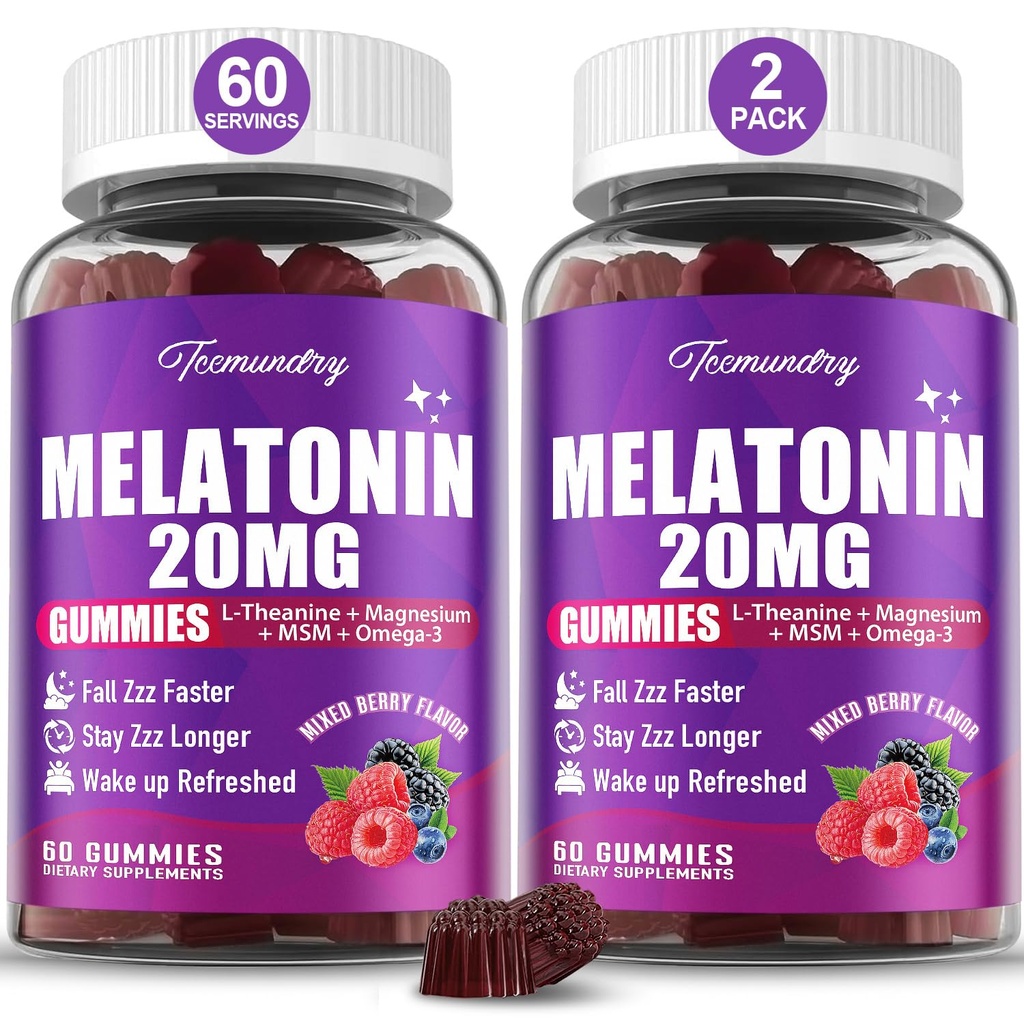 Melatonine Gummies 20mg voor volwassenen - Maximale sterkte Melatonine Gummies met L-Theanine, Magnesium, Omega-3, MSM, D3 & Zink - Non-Habit Forming, Vegan, Niet GGO, Natuurlijke gemengde Berry Flavor