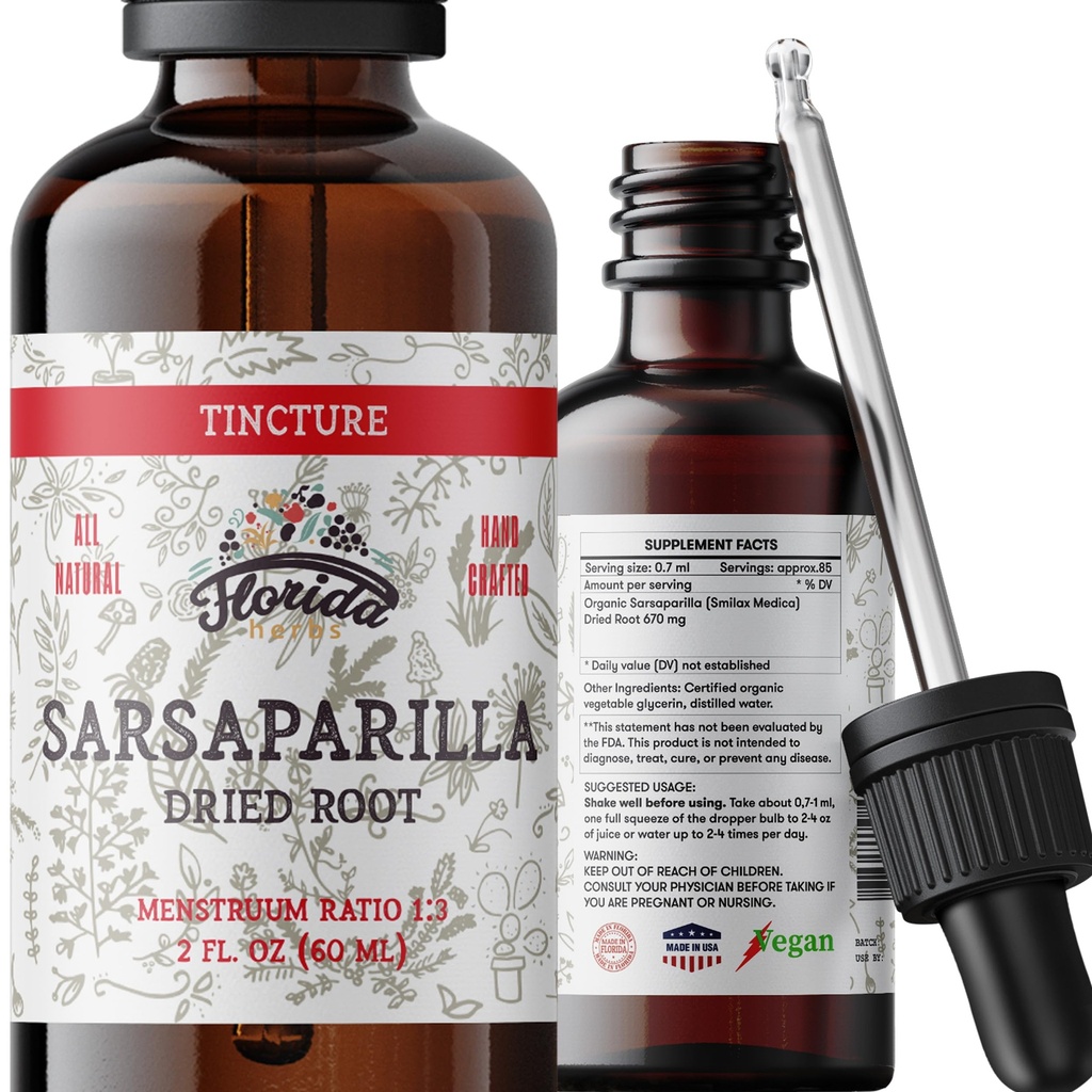 Sarsaparilla Tinctuur, Biologische Sarsaparilla Extract (Smilax Medica) Gedroogde Wortel, Niet-GMO in Cold-Pressed Biologische Plantaardige Glycerine 2 oz, 670 mg