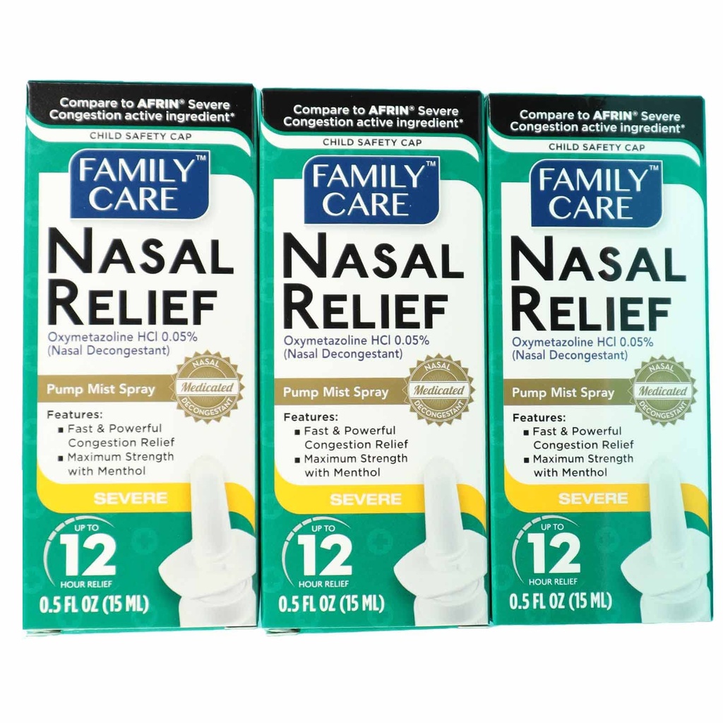 Spray de soulagement de la nasale de la familleCare, brouillard de pompe, anti-goutte, congestion sévère, (Oxymétazoline HCI) 12 heures, 3 paquets