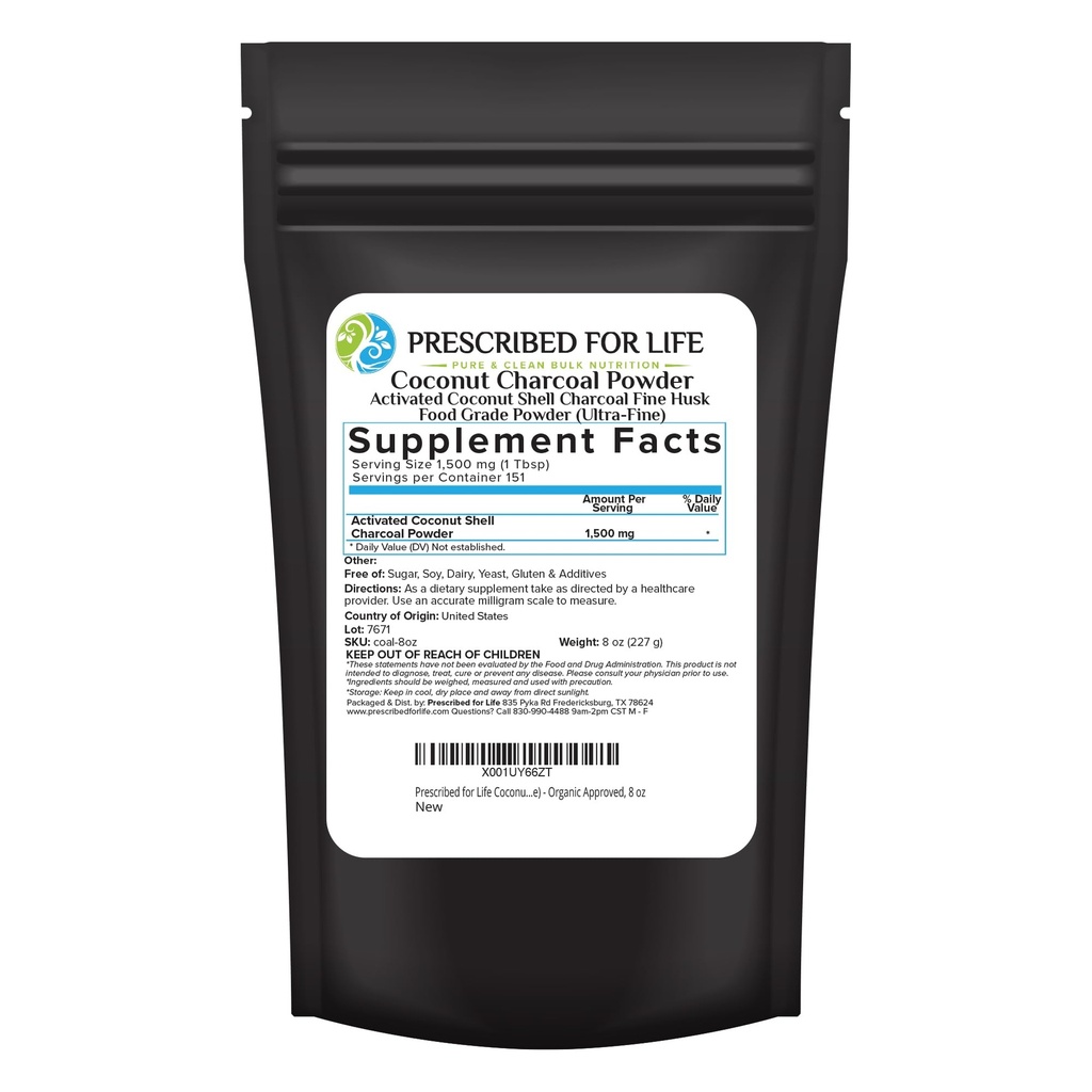 Voorgeschreven voor het leven geactiveerd Charcoal Poeder, Kokosnoot Shell Charcoal Ultra Fine Husk Food Grade Poeder (8 oz)