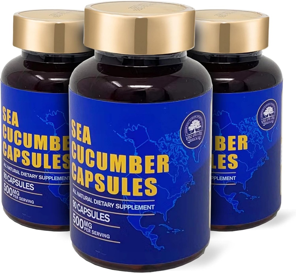 Sea Cucumber, Wild Caught Capsules Sea Cucumber, Natural Extract Supplement, Super Natural Antioxidant, Immune Builder, Cartilage Protection - 90 Capsules, 500mg/Bottle - Drie flessen