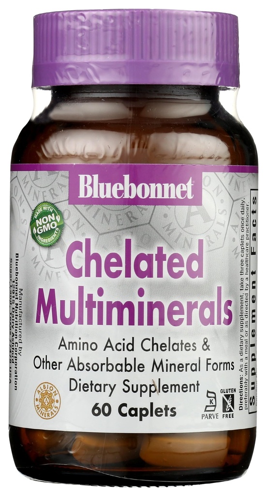 Bluebonnet Nutrition High Potency chelated multiminerals, Albion chelated minerals, Soy-Free, Gluten-Free, Non-GMO, Kosher Certified, Dairy-Free, 60 Caplets, 20 Servers