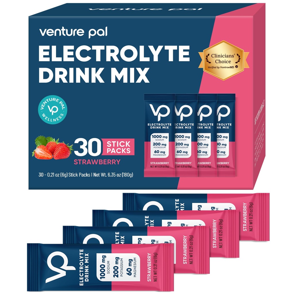 Venture Pal Hoge Natrium Suiker Vrij Electrolytes Poeder Pakket - Hydratatie Pakjes met Vitamine, Natrium en Kalium . . Zero Calorieën . . Vegan, Keto & Paleo Vriendelijke Electrolyte Drink Mix - 30 Sticks