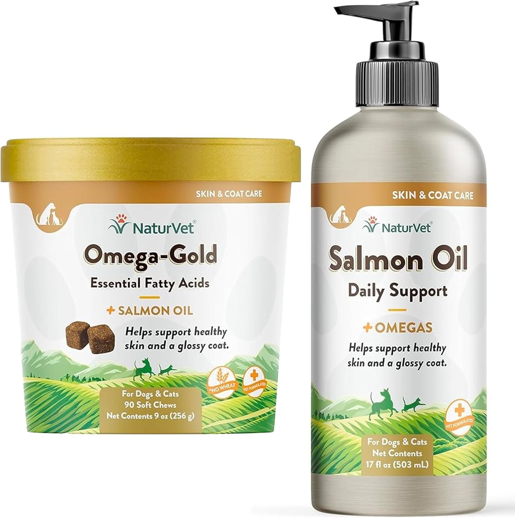 NaturVet – Huile de saumon Skin & Coat Plus Omégas - Huile de 17 oz - NaturVet – Huile de saumon Omega-Gold Plus - 90 Chews doux