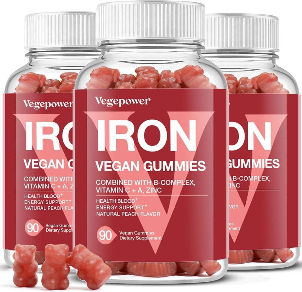 Iron Gummies Supplementen voor vrouwen en kinderen - Multivitamine met ijzer voor bloed zuurstof, Grote Proeverij Gummy Vitaminen met Vitamine C voor Max Absorptie - Vegan Kauwgom, Peach Flavor(3 Packs)