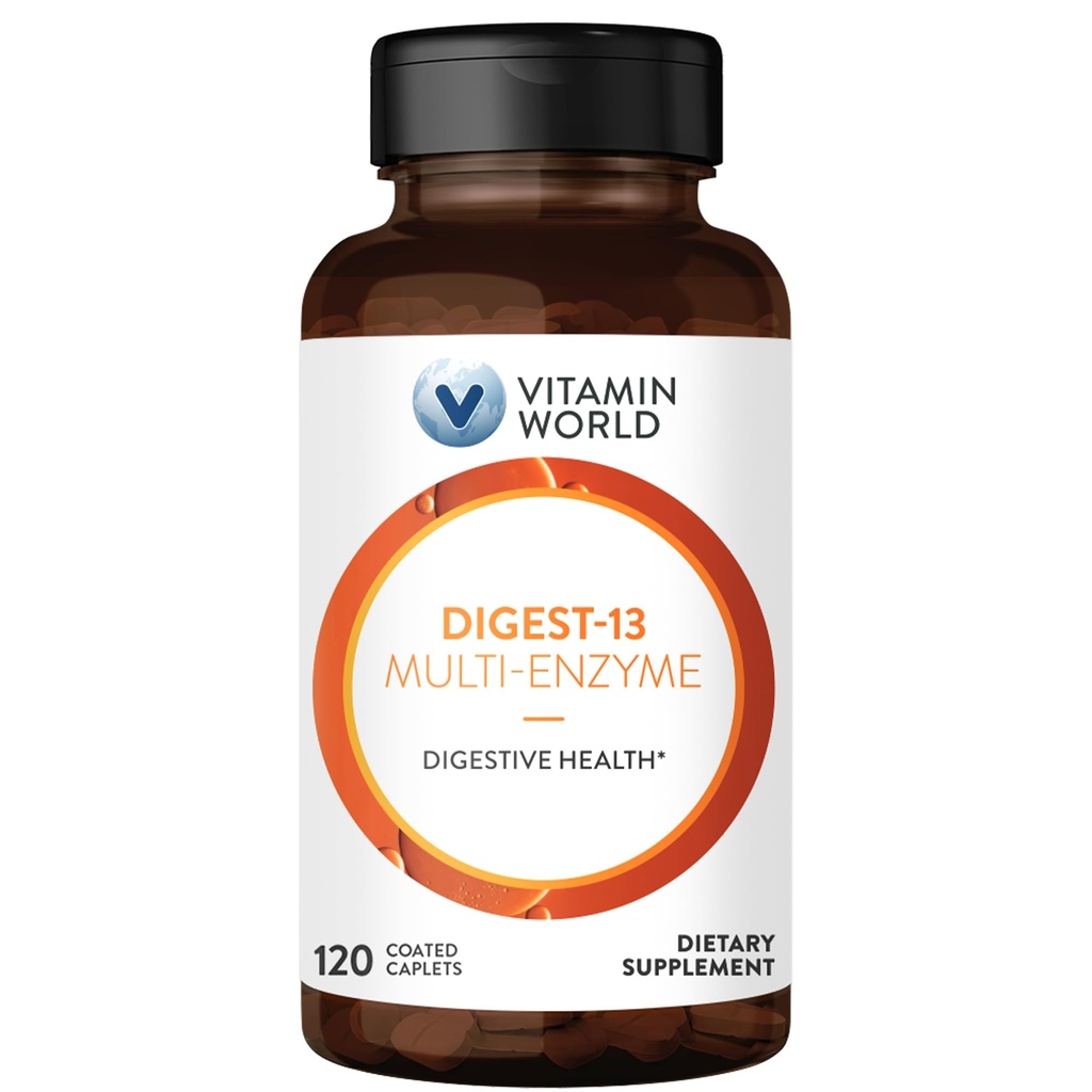 Vitamine World Digest-13 Multi-Enzyme, 1010mg Digestieve Enzymen Blend with Amylase, Bromelaine, Papaïne & Lipase for Digestie and Absorptie, Digestieve Enzymen for Bloating & Gas, 120 Capletes