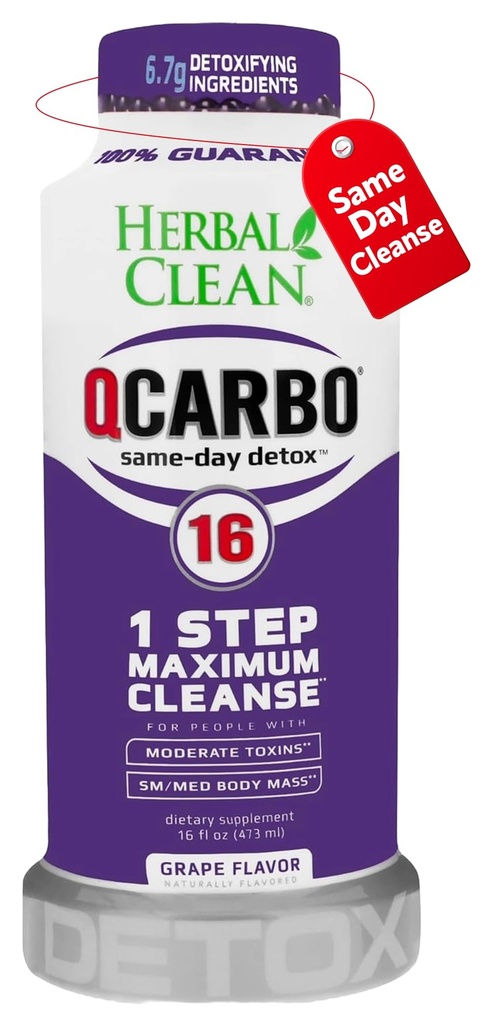 Herbal Clean Qcarbo16 Same-Day Detox Cleanse Drink (16 fl oz) - Grape Flavor Full Body Cleanse* Detox Drink for Modéré Texin Level*, Vitamine B2 et Vitamine B12 pour hommes et femmes