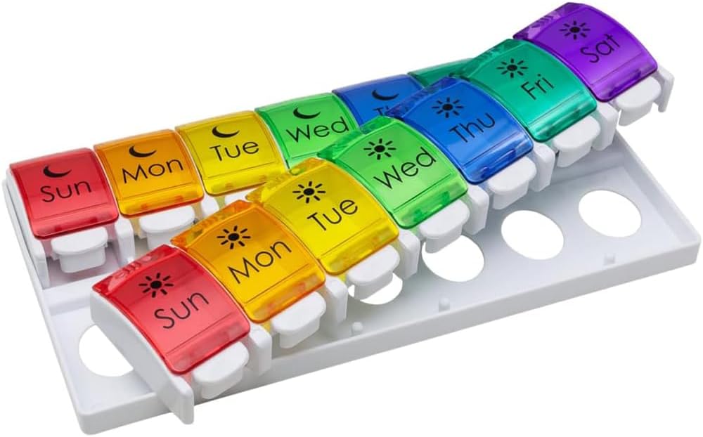 EZY DOSE hebdomadaire (7 jours) Cas de pilules, planificateur de médicaments, organisateur de vitamines, 2 fois par jour AM/PM, Deletabale Trays, gros compartiments à bouton poussoir, facile à utiliser, arthrite amical, arc-en-ciel Lids, sans BPA