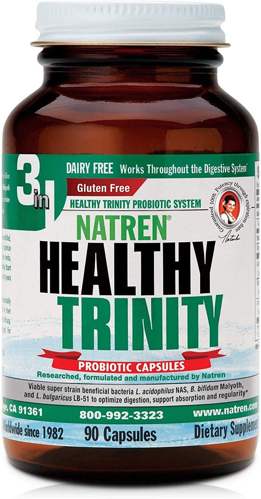 Natren Gezonde Trinity Probiotica Supplement - 90 Zuivel- en Glutenvrije Gel Capsules - Verbeter Gut and Digestief Gezondheid, 30 miljard CFU - Lactobacillus Acidophilus, Bifidobacterium, Bulgaricus