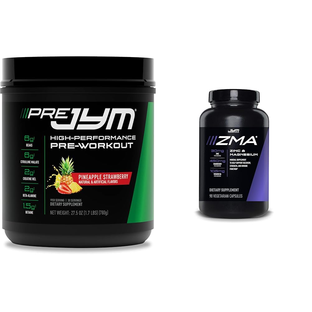 PRE JYM 30 portions Ananas Fraise et JYM ZMA Zinc/Magnésium Capsules Supplément 90 Capsules végétariennes