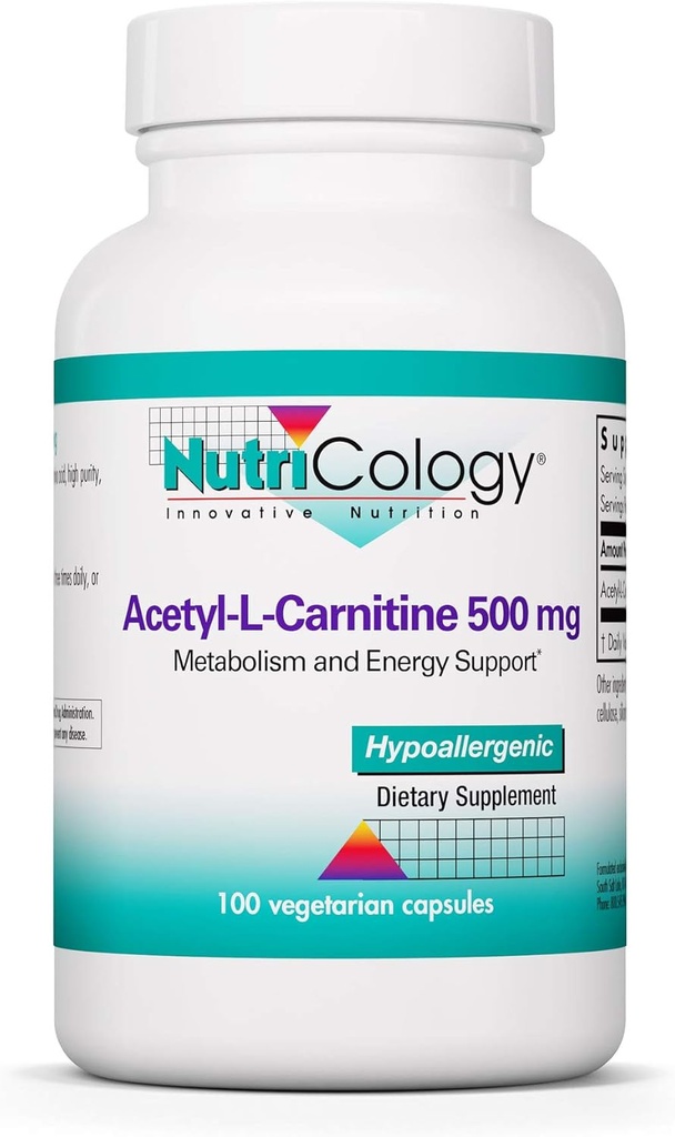 Nutricology Acetyl-L-Carnitine 500mg Supplement - Voedings- en energiesteun, ALC, Vrije vorm Aminozuur, Vegetarische Capsules - 100 Tellen