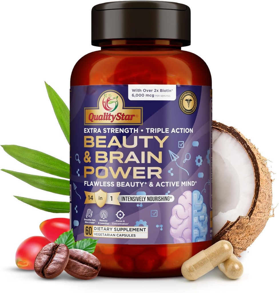 Beauty & Brain Power, Extra Strength + Triple Action Cerveau Supplément, Vitamines de la peau pour la beauté sans défaut, Beauté & Brain Health Suppléments pour adultes, 60 Capsules végétariennes