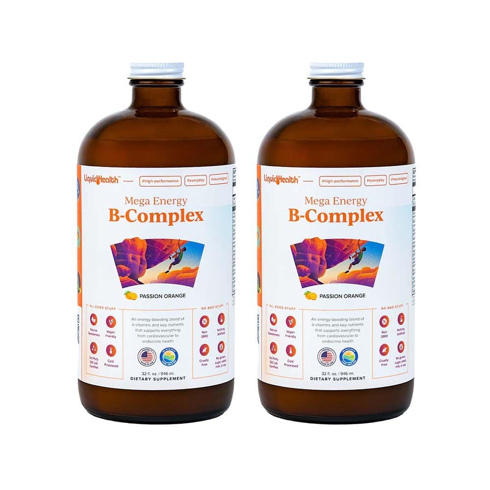 LIQUIDEHEALTH Mega Energy Methylated B-complex, Adult Liquid Vitamin Supplement - Verhoog energie, Verlicht stress & vermoeidheid, Immuun Support, Hart & Gut Health - Made in USA, Vegan, Sugar-Free (2 Pack)