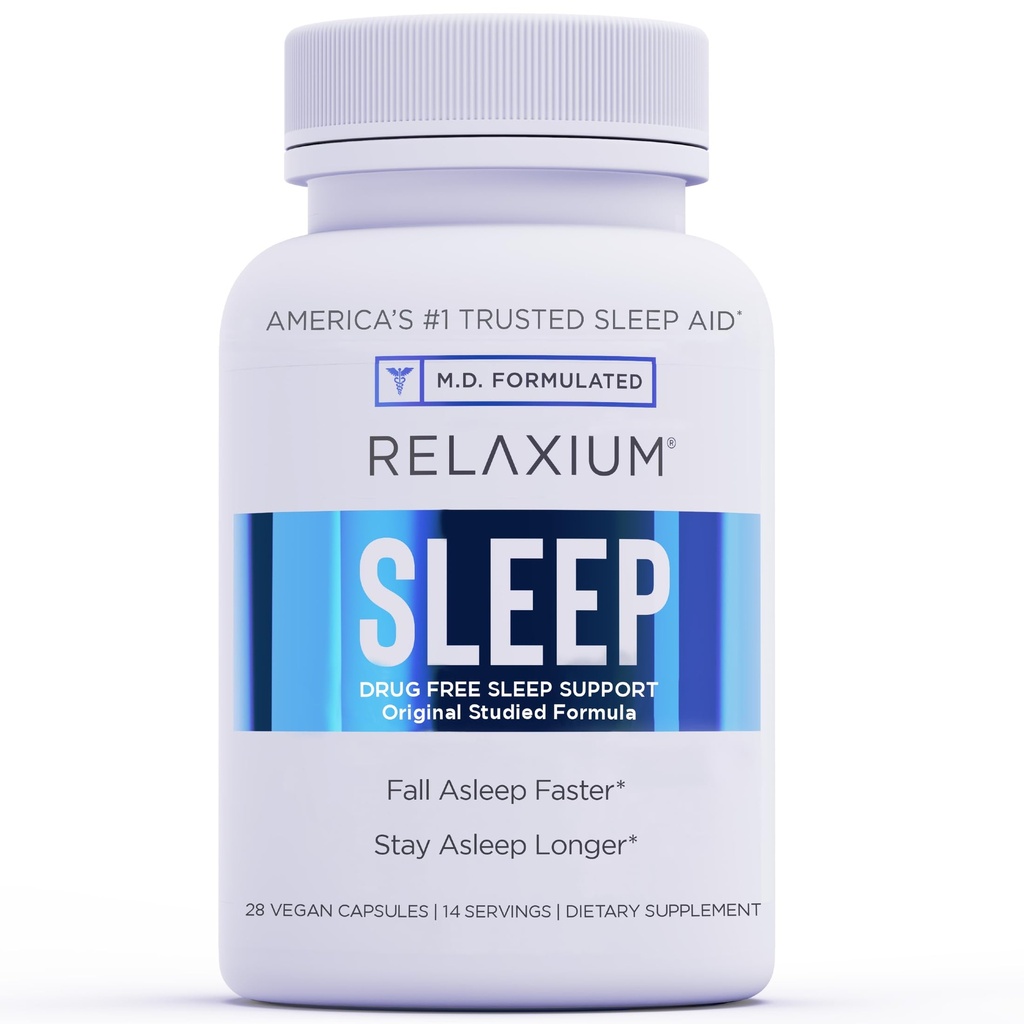 Relaxium slaaphulp, 14-dagen levering, non-habit vorming, Dieetsupplement voor betere slaap, Drug-vrij, Stress Relief, met Magnesium, Melatonine, GABA, kamille, Made in USA (28 Vegan Capsules)