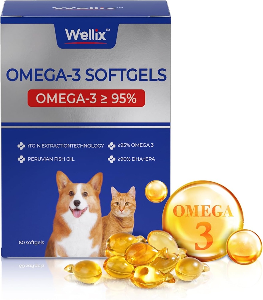 Wellix Pure Omega 3 Visolie voor honden & katten, huid en jas supplement voor vergieten, bevordert hart, huid, jas, gezamenlijke, & Immune Health, meer dan 95% Omega 3, rijk aan EPA + DHA, 60 Softgels