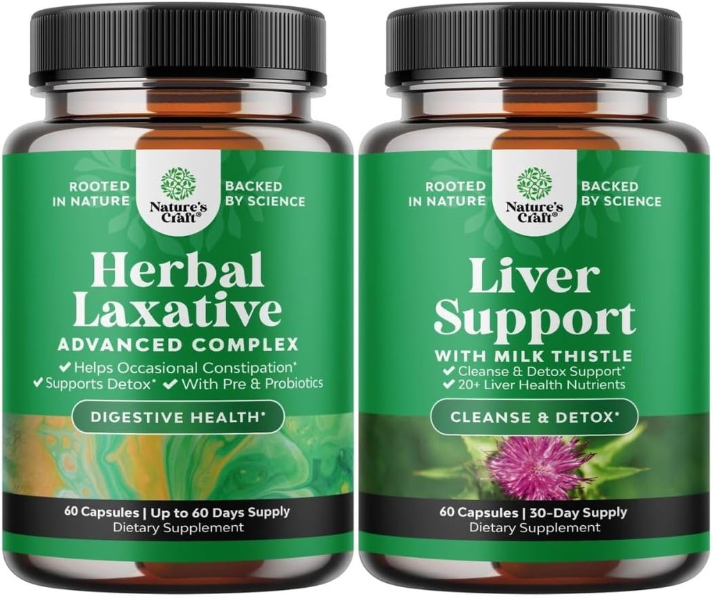 Bundel van Herbal Laxative Capsules met Probiotica en Melkdistel Lever Ondersteuning Supplement - Natuurlijke Colon Detox Digestieve Ondersteuning Systeem - Herbal Lever Supplement met Silymarin Melk