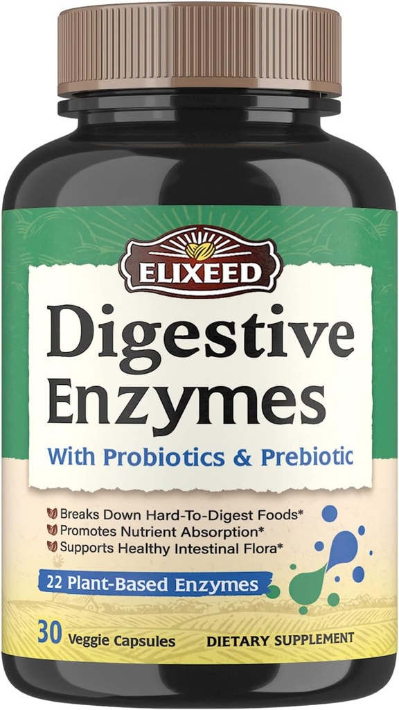 Digestieve enzymen Plus Probiotica & Prebiotica, 22 Digestieve enzymen met Amylase, Protease, Lactase & Meer, Maximale sterkte, voor gezonde spijsvertering, Veganistisch, Non-GMO, 30 capsules