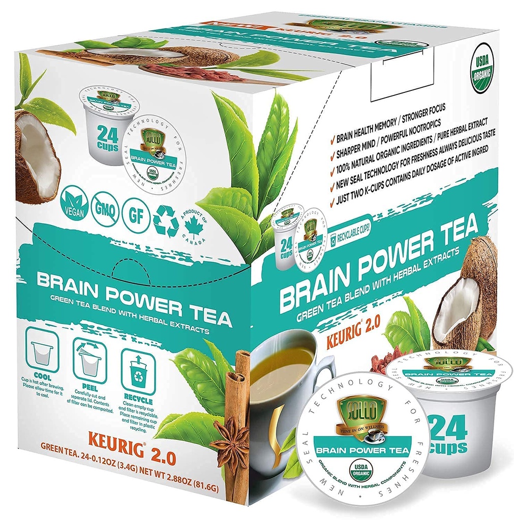 SOLLO Brain Power Biologische Groene Tea Pods met MCT, Acai & Essentiële voeding, Nootropic Brain Booster- Verbetert Geheugen & Focus Compatibel met 2.0 K-Cup Keurig Brewers, 24 Ct