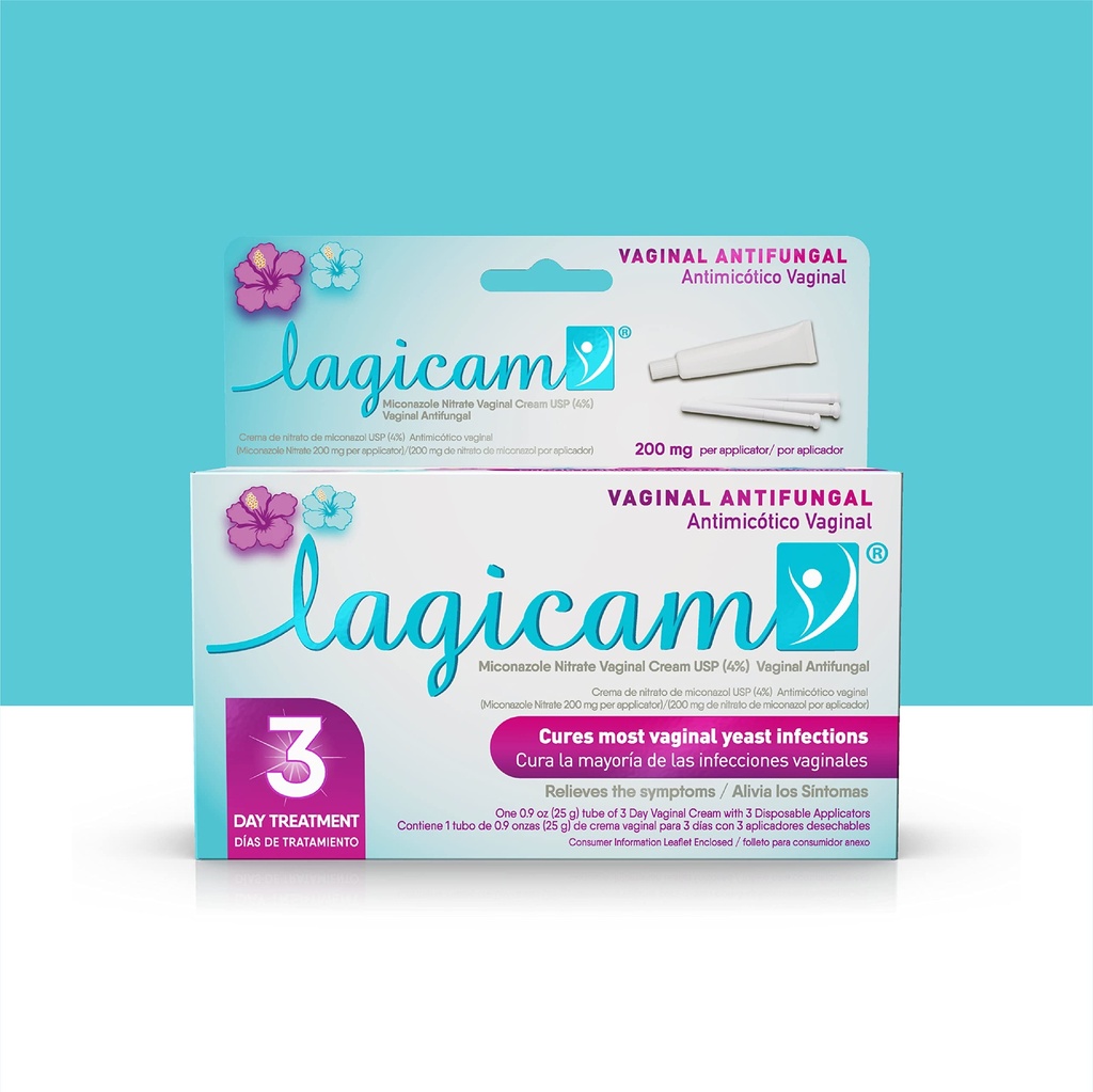 Lagicam Traitement de la levure vaginale de 3 jours pour les femmes, commencer à travailler le 1er jour, Nitrate de Miconazole, Crème antifongique soulage les démangeaisons et l'irritation, 3 applicateurs jetables et crème (1 paquet)