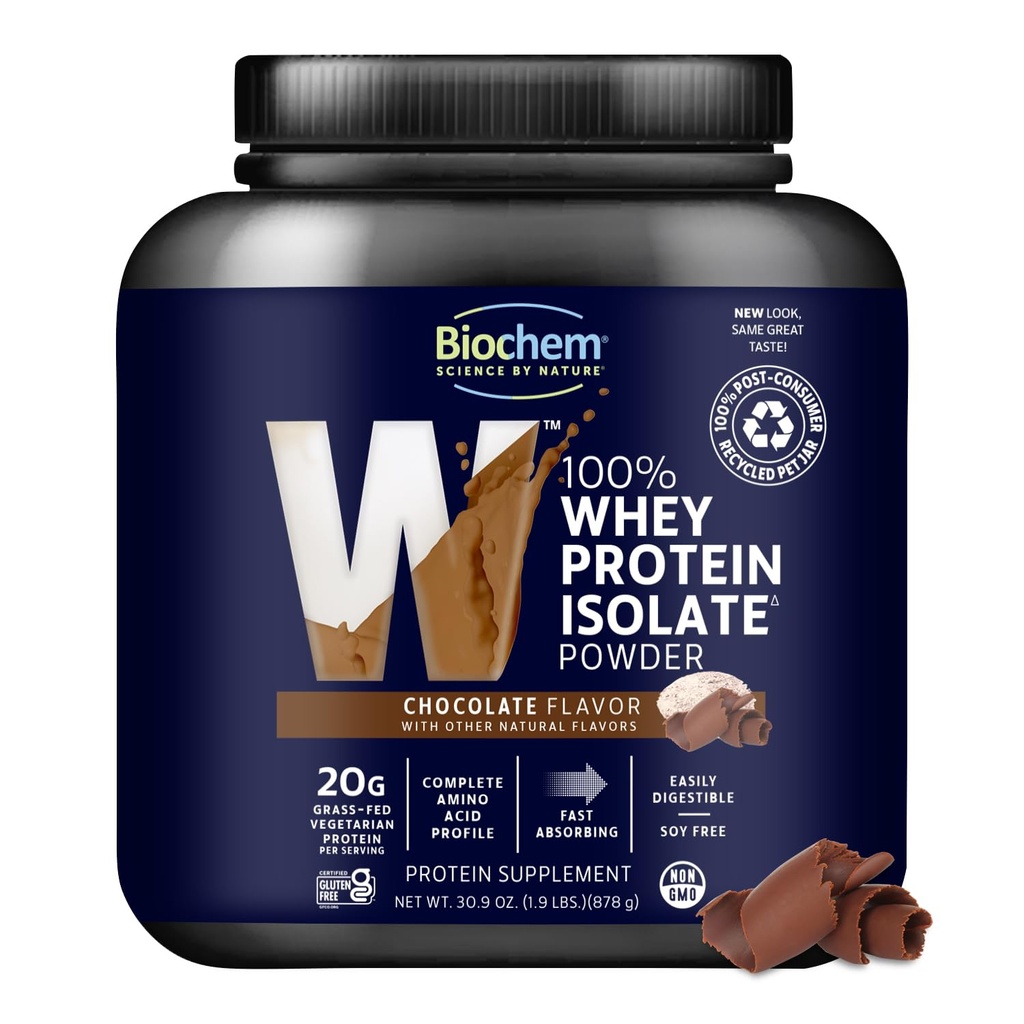 Biochem 100% Whey Isolate Protéines Poudre, Chocolat Flavor, 20g Protéines herbeuses, Céto, Sans gluten, Végétarien, Facilement Digestible, 30,9 oz, 28 portions