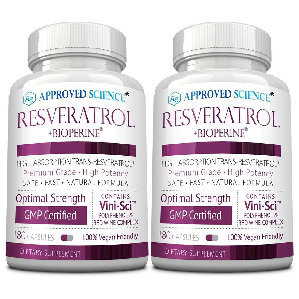 Résvératrol Science® approuvé - 1000 mg de résvératrol trans - 250 mg de polyphénol - 98 % Niveau de pureté - Comprend Bioperine® - 380 capsules amies des végétaliens - 2 bouteilles