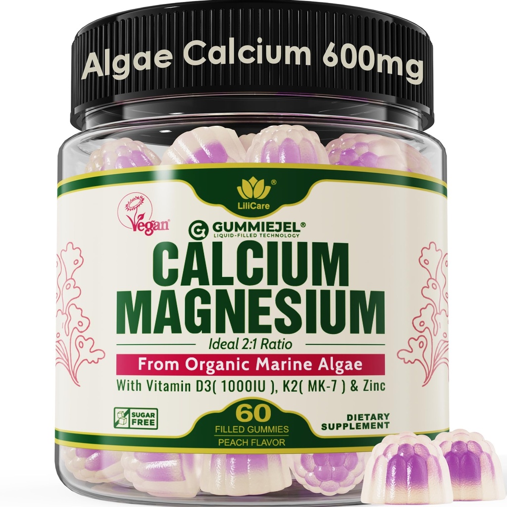 Plant-based Calcium Gummies 600mg met vitamine D3 K2, Magnesium, zink voor botsterkte, suikervrije calciumsupplementen voor vrouwen en mannen (gecertificeerd veganistisch) van duurzaam biologische rode algen - 60 Counts