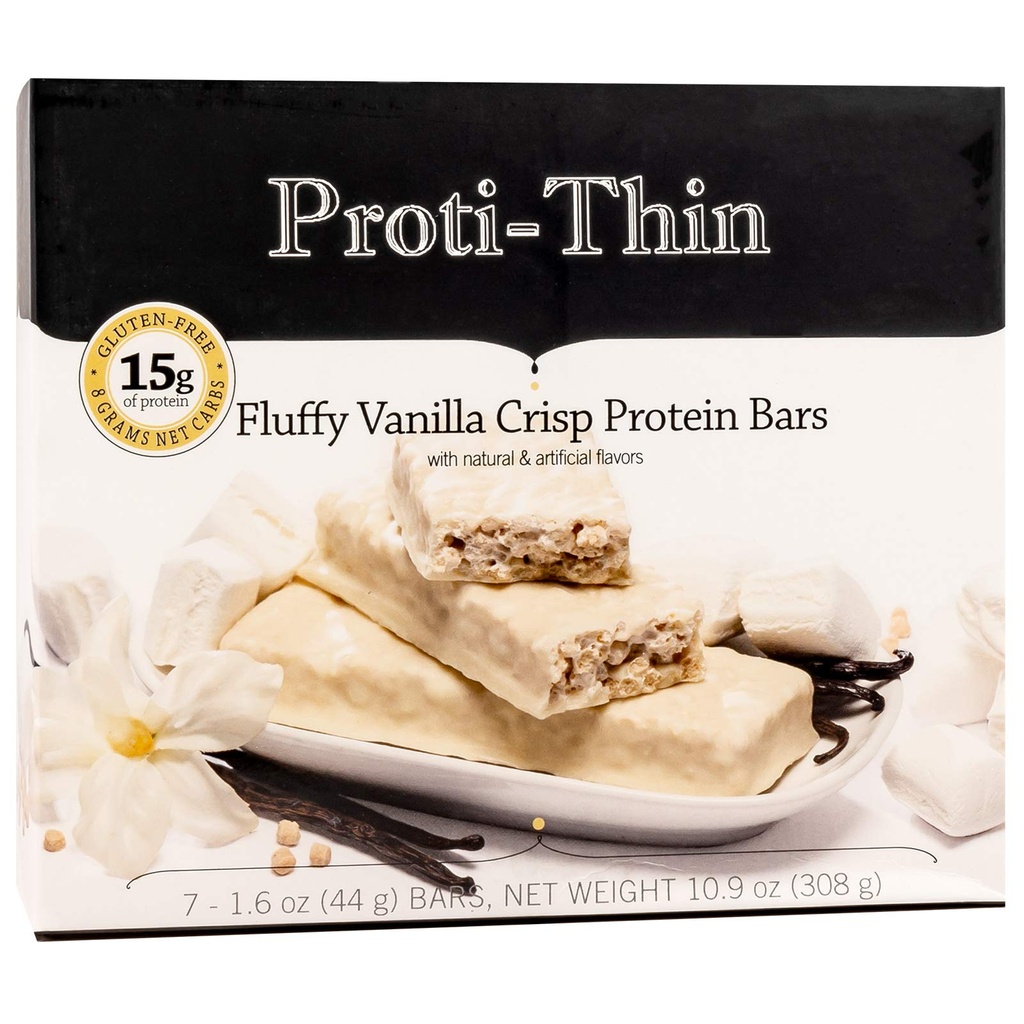 Proti-Thin Fluffy Vanille Crisp Proteïne Bars, 15g Proteïne, Lage Calorie, Zeer Lage Carb (VLC), Lage Vet, Hoge Vezel Snack Bar, KETO Diet Vriendelijk, Ideaal eiwit Compatibel, Geen Gluten Ingrediënten, 7 /Box