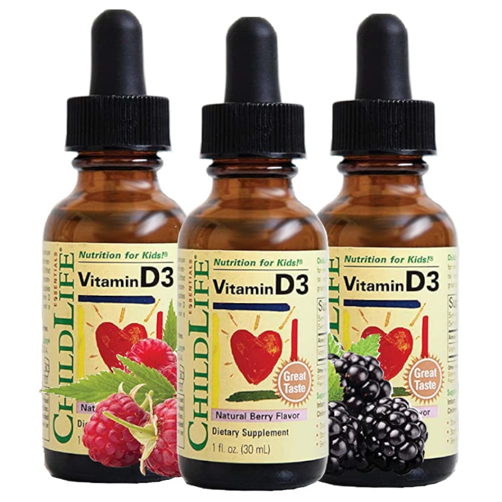 ESSENTIELS POUR ENFANTS Gouttes en vitamine D3 - Gouttes en vitamine D pour nourrissons, gouttes en vitamine D pour bébés, vitamine D liquide pour enfants, enfants 1-3, enfants, 500 UI par portion - Berry naturel, 1 Fl Oz (paquet de 3)