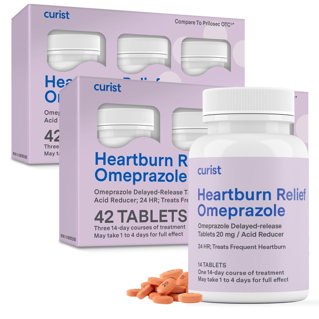 Curist Omeprazol 20 mg tabletten Bulk Pack - 84Count Delayed-Release Tablets - Acid Reflux Medicine for Heartburn Relief (2 Pack of 42 Tablets - 84 Total)