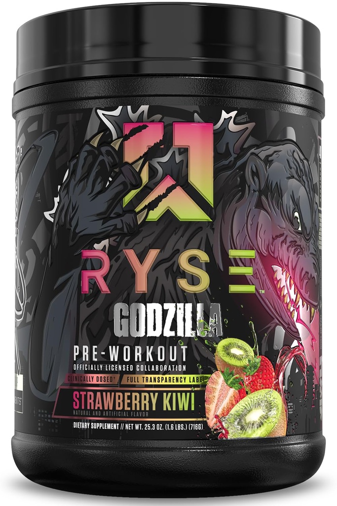 RYSE Godzilla X Noel Deyzel Pre Workout Powder - Strawberry Kiwi - 400mg Cafeïne, High Stim Pre-workout voor mannen en vrouwen met Citrulline & Beta Alanine - Energie, Pump & Focus - 20/40 Servers