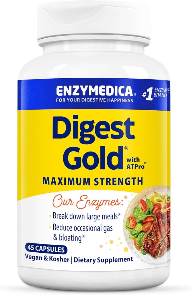 Enzymedica Digest Gold + ATPro, maximale sterkte spijsverteringsenzymen, helpt Digest Large Meals for Instant Bloating Relief, 45 Capsules