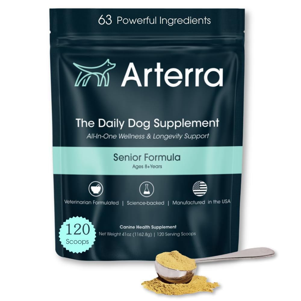 Supplément de poudre de chien senior & Topper alimentaire – 63 ingrédients pour la santé articulaire, Gut, Immune et Cerveau – Multivitamine quotidienne longuevitamine avec glucosamine, probiotiques et huile de poisson