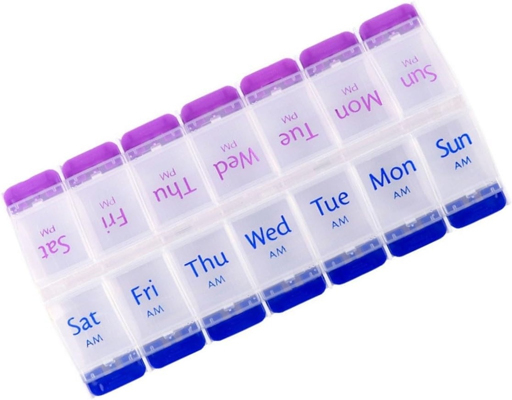Pillen Organisator 7 Dag, Pill Box 2 keer per dag PM Pill Case, Weekly Pill Container Portable Travel Medicine Box voor vitamines en supplementen (Blue-Purple)
