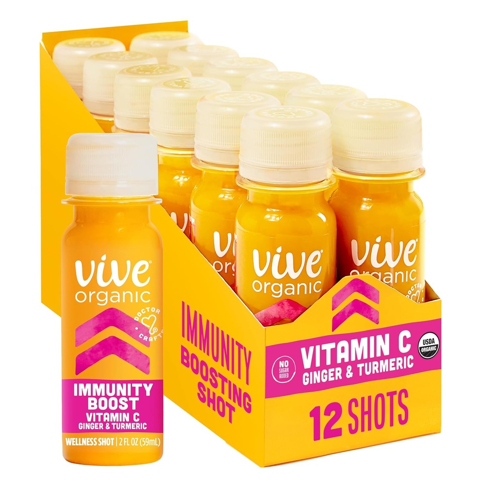 Vive Organic Vitamin C + Immunity Support Shot, Cold-Pressed Kurkuma, Gember & Acerola Cherry, Glutenvrij, Veganistisch, Immunity Boost Vitamine C, 2 Fl Oz (pakket van 12)