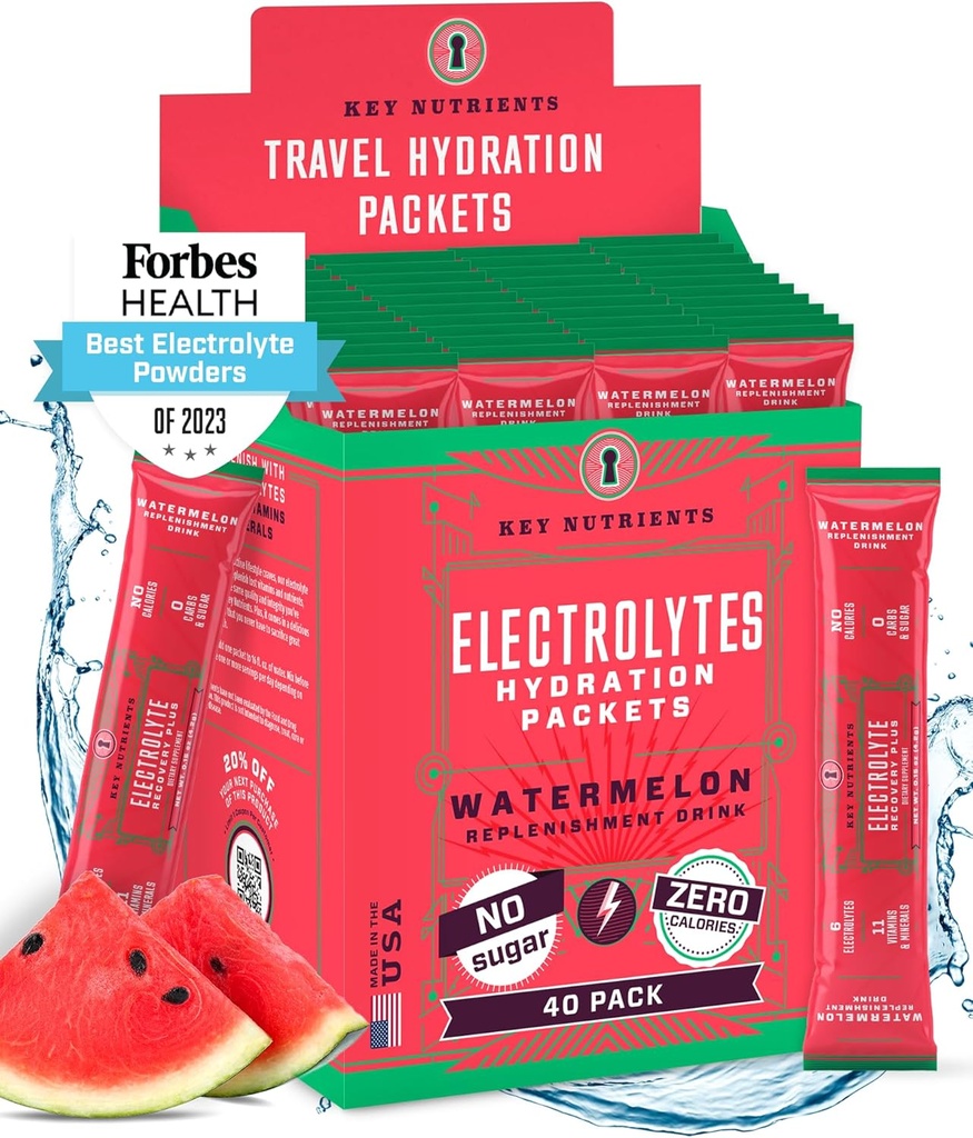 KEY NUTRIËNTEN Elektrolyten Poederverpakkingen - Verfrissende watermeloen 40 Pack Hydration Packets - Travel Hydration Powder - No Sugar, No Calories, Glutenvrij - Made in USA